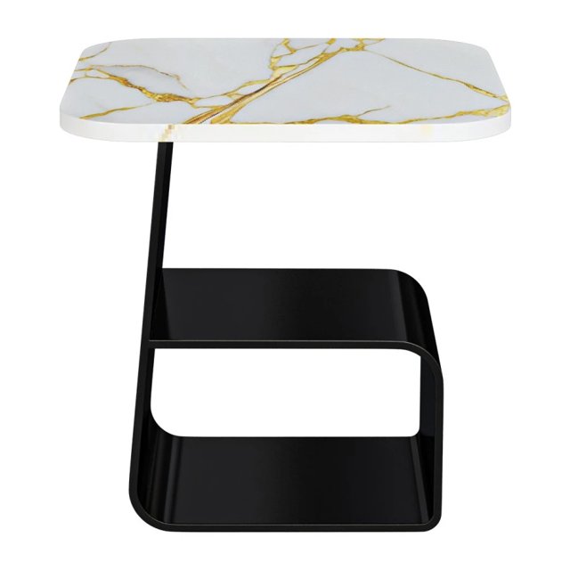Modern Square Stone End Table With Black Steel Ped